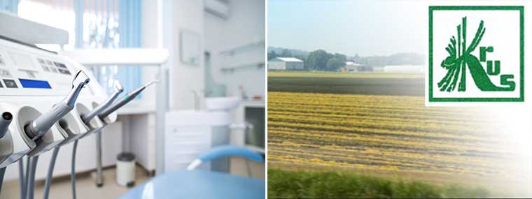 Gabinet stomatologiczny, obok pole rolne i&nbsp;logo KRUS