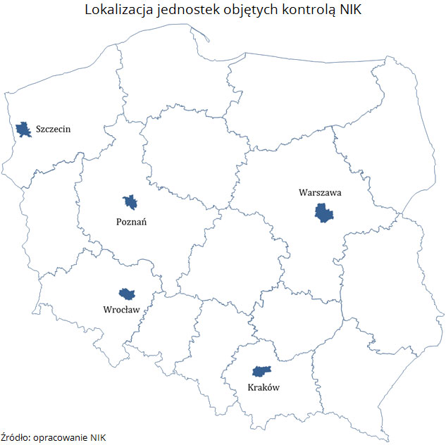 Lokalizacja jednostek objętych kontrolą NIK. Źródło: opracowanie NIK