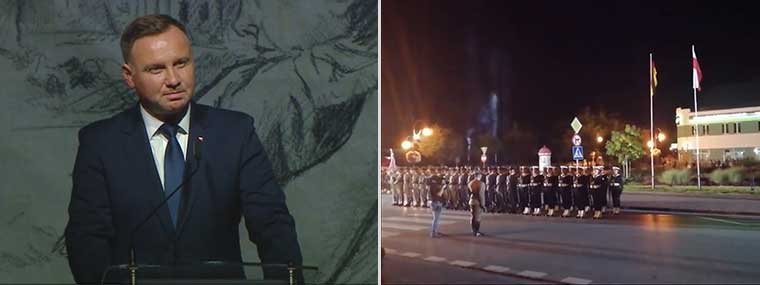 Prezydent Andrzej Duda przemawia do&nbsp;zgromadzonych, obok odział wojska uczestniczący w&nbsp;obchodach