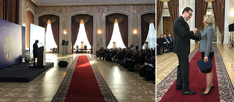 Przemówienie Marszałek Parlamentu Republiki Mołdawii obok Wiceprezes NIK pani Małgorzata Motylow oraz Prezes NOK Mołdawii Marian Lupu