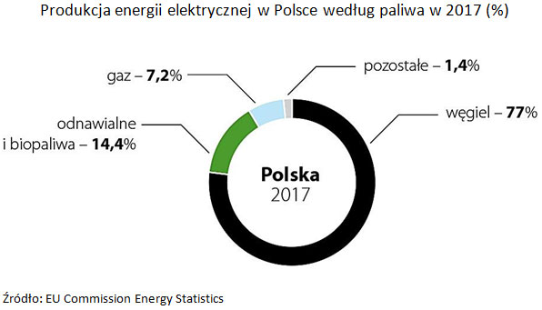 Produkcja energii elektrycznej w Polsce według paliwa w 2017 (%). Źródło: EU Commission Energy Statistics.