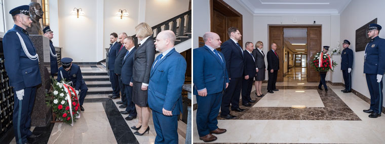 Przedstawiciele kierownictwa NIK składają kwiaty pod popiersiem  Józefa Higersbergera i&nbsp;tablicą poświęconą Józefowi Piłsudskiemu