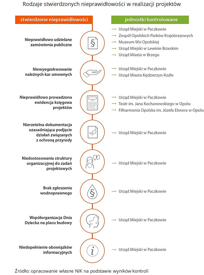 Rodzaje stwierdzonych nieprawidłowości w realizacji projektów. Źródło: opracowanie własne NIK na podstawie wyników kontroli.