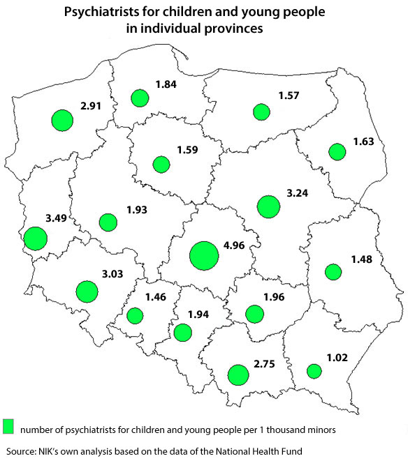 The map of Poland showing distribution of psychiatrists of children and young people in individual provinces per 1 thousand minors. Source: NIK’s own analysis based on the data of the National Health Fund.