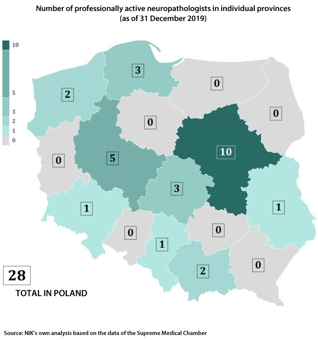 A map showing the number of professionally active neuropathologists in individual provinces (as of 31 December 2019). TOTAL IN POLAND: 28. Source: NIK’s own analysis based on the data of the Supreme Medical Chamber.