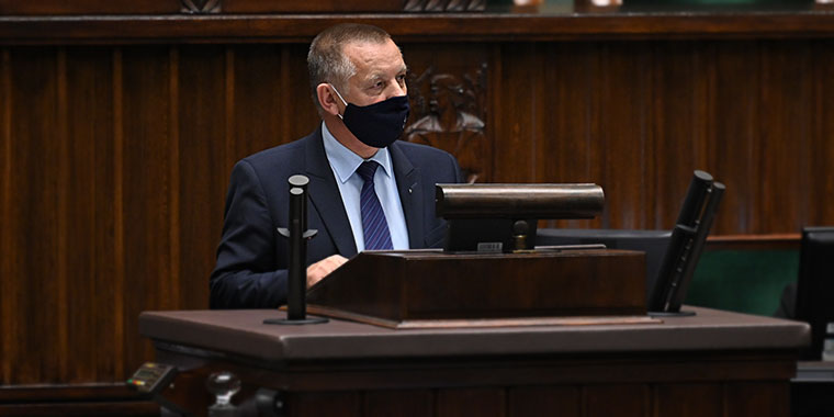 NIK President Marian Banaś speaking from tribune at the Polish Sejm