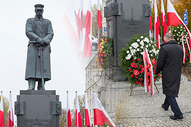 Prezes NIK Marian Banaś składa wieniec przed pomnikiem Marszałka Józefa Piłsudskiego