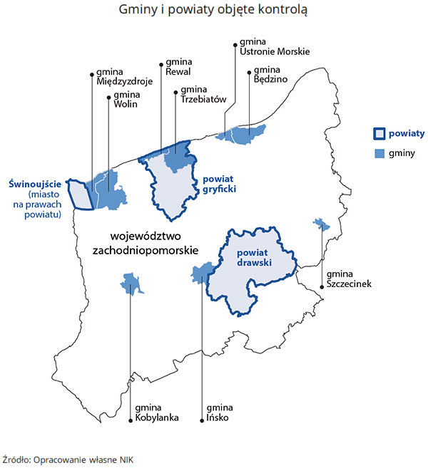 Mapa gmin i powiatów objętych kontrolą NIK. Źródło: Opracowanie własne NIK