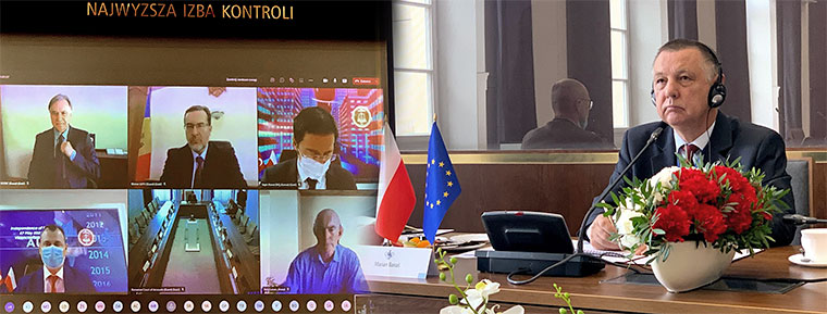 EUROSAI online conference on SAI independence (Marian Banaś in the conference room and images of other Heads of European SAIs on the screen)