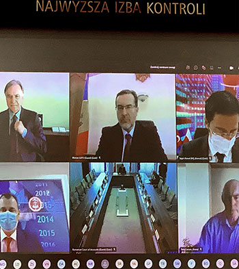 EUROSAI online conference on SAI independence (images of other Heads of European SAIs on the screen)