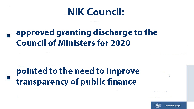 NIK Council approved granting discharge to the Council of Ministers for 2020 but pointed to the need to improve transparency of public finance