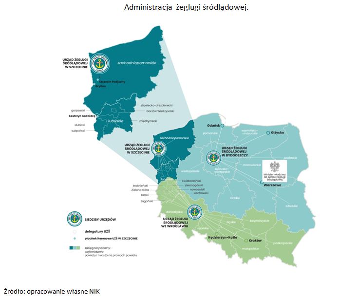 Obszar, na którym administruje Urząd Żeglugi Śródlądowej w Szczecinie(opis grafiki poniżej)