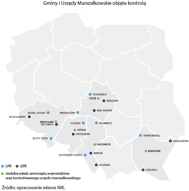 Gminy i Urzędy Marszałkowskie objęte kontrolą (opis grafiki poniżej)