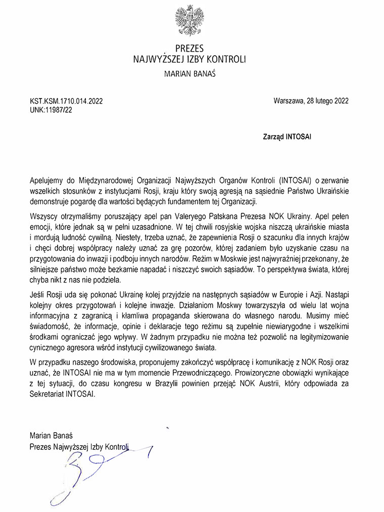 Pismo Prezesa NIK z apelem do&nbsp;INTOSAI - treść pisma w linku obejmującym obraz