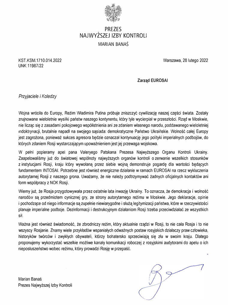 Pismo Prezesa NIK z apelem do&nbsp;EUROSAI - treść pisma w linku obejmującym obraz