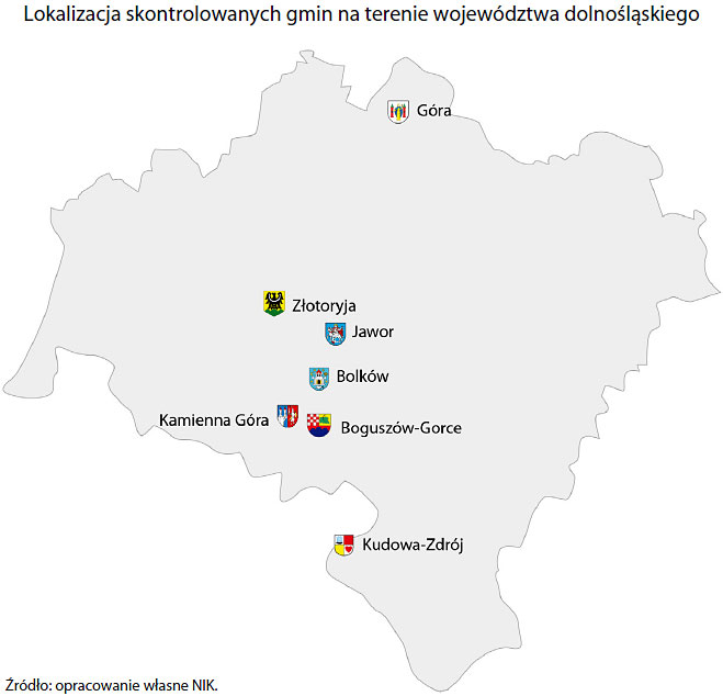 Objęte kontrolą gminy na terenie województwa dolnośląskiego. Źródło: opracowanie NIK.