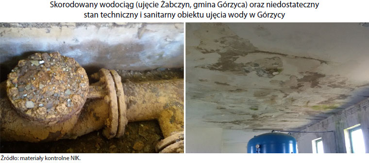 Skorodowany wodociąg oraz zacieki na suficie w obiekcie ujęcia wody w Górzycy. Źródło: Materiały kontrolne NIK.