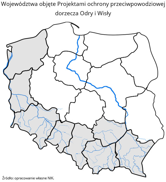Mapa z województwami objęte Projektami ochrony przeciwpowodziowej dorzecza Odry i Wisły (opis grafiki poniżej)