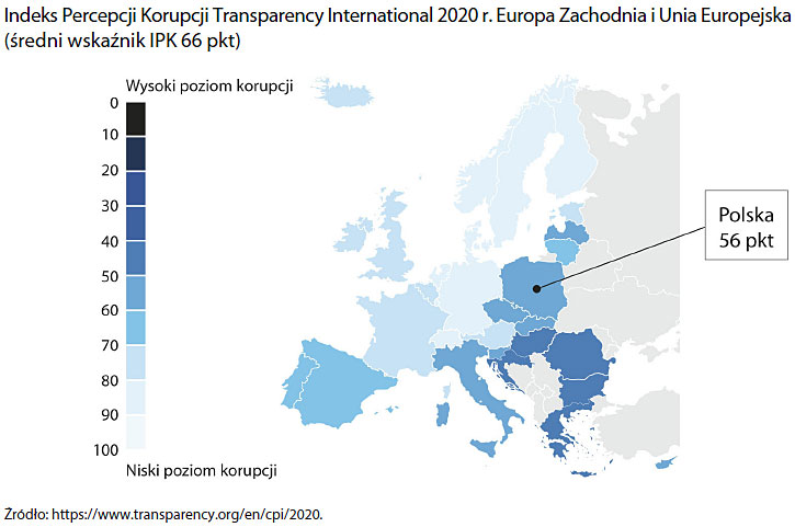 Indeks Percepcji Korupcji Transparency International 2020 r. Źródło: www.transparency.org.