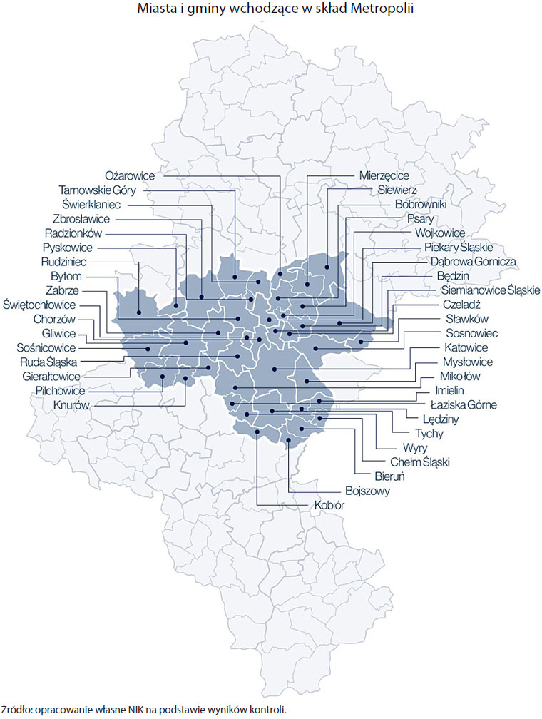 Mapa województwa śląskiego z oznaczonymi miastami i gminami wchodzącymi w skład Metropolii Górnośląsko-Zagłębiowskiej (opis grafiki poniżej)