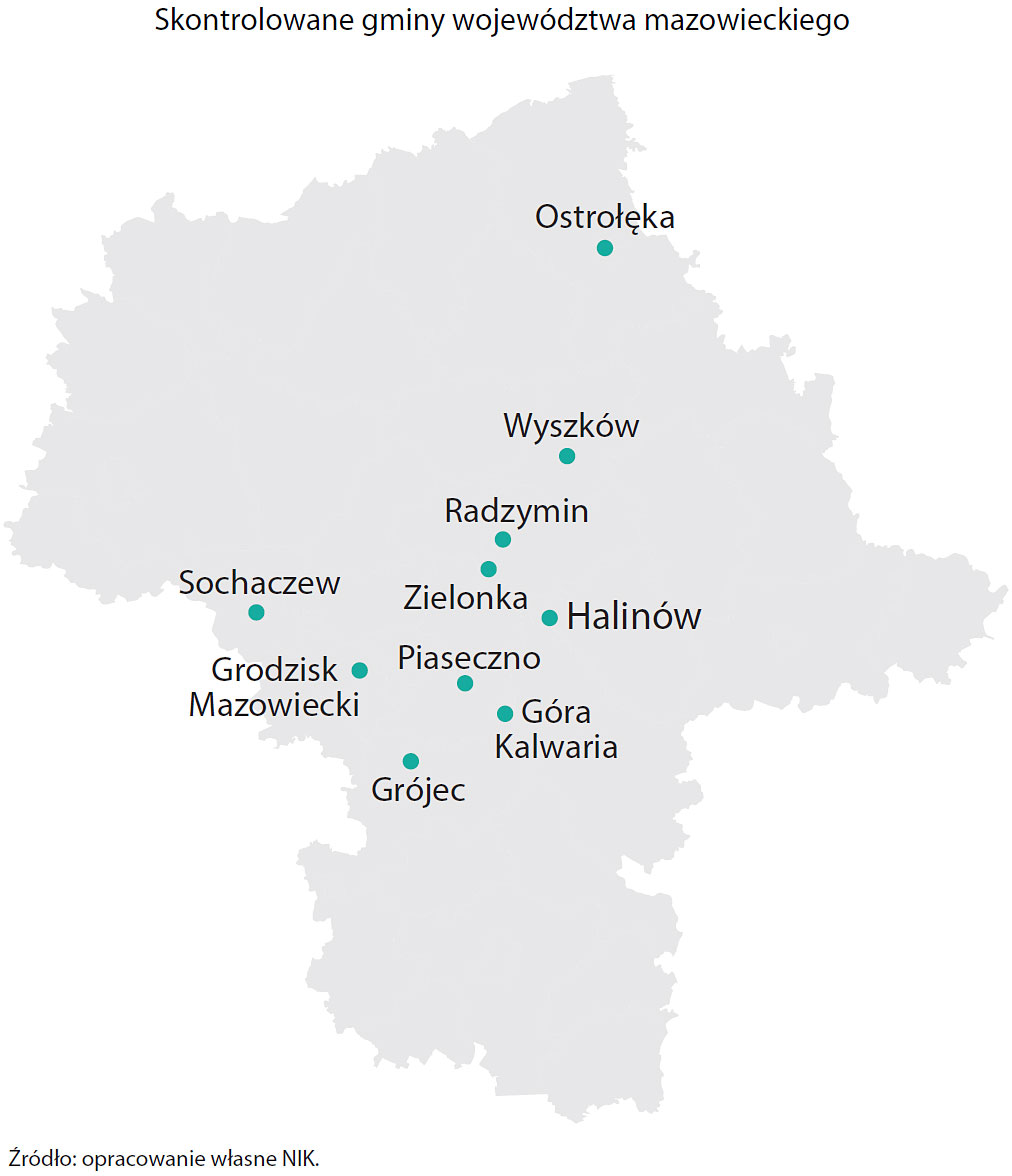 Skontrolowane urzędy miast i gmin województwa mazowieckiego (opis grafiki poniżej)