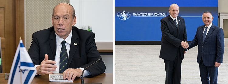 On the left: State Comptroller and Ombudsman of the State of Israel  Matanyahu Englman; on the right: NIK President Marian Banaś and State Comptroller and Ombudsman of the State of Israel  Matanyahu Englman shaking hands