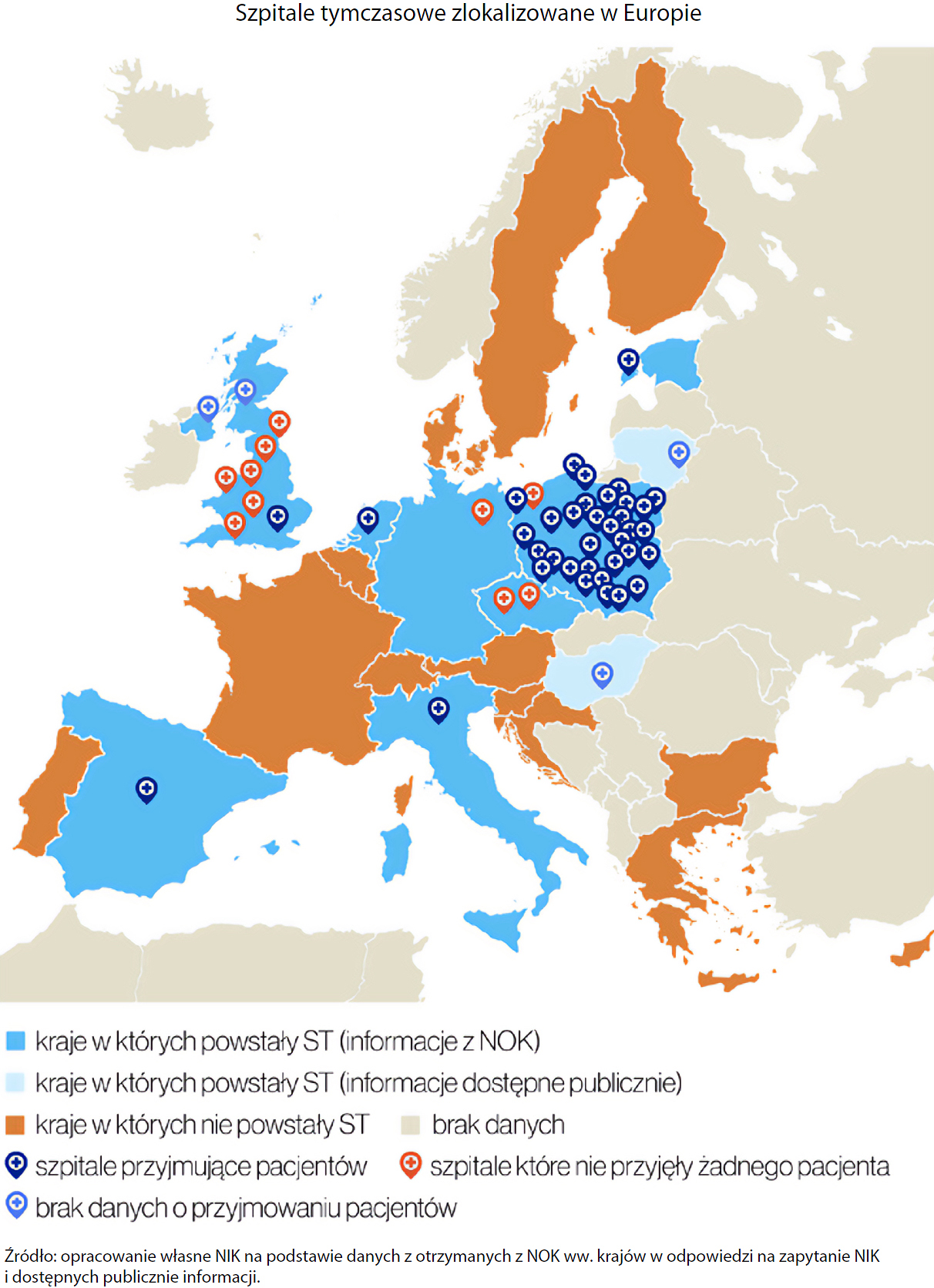 Szpitale tymczasowe zlokalizowane w Europie (opis grafiki poniżej)