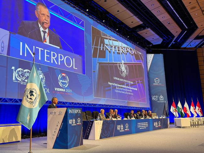 NIK President Marian Banaś giving speech at plenary session of the General Assembly of INTERPOL in Vienna