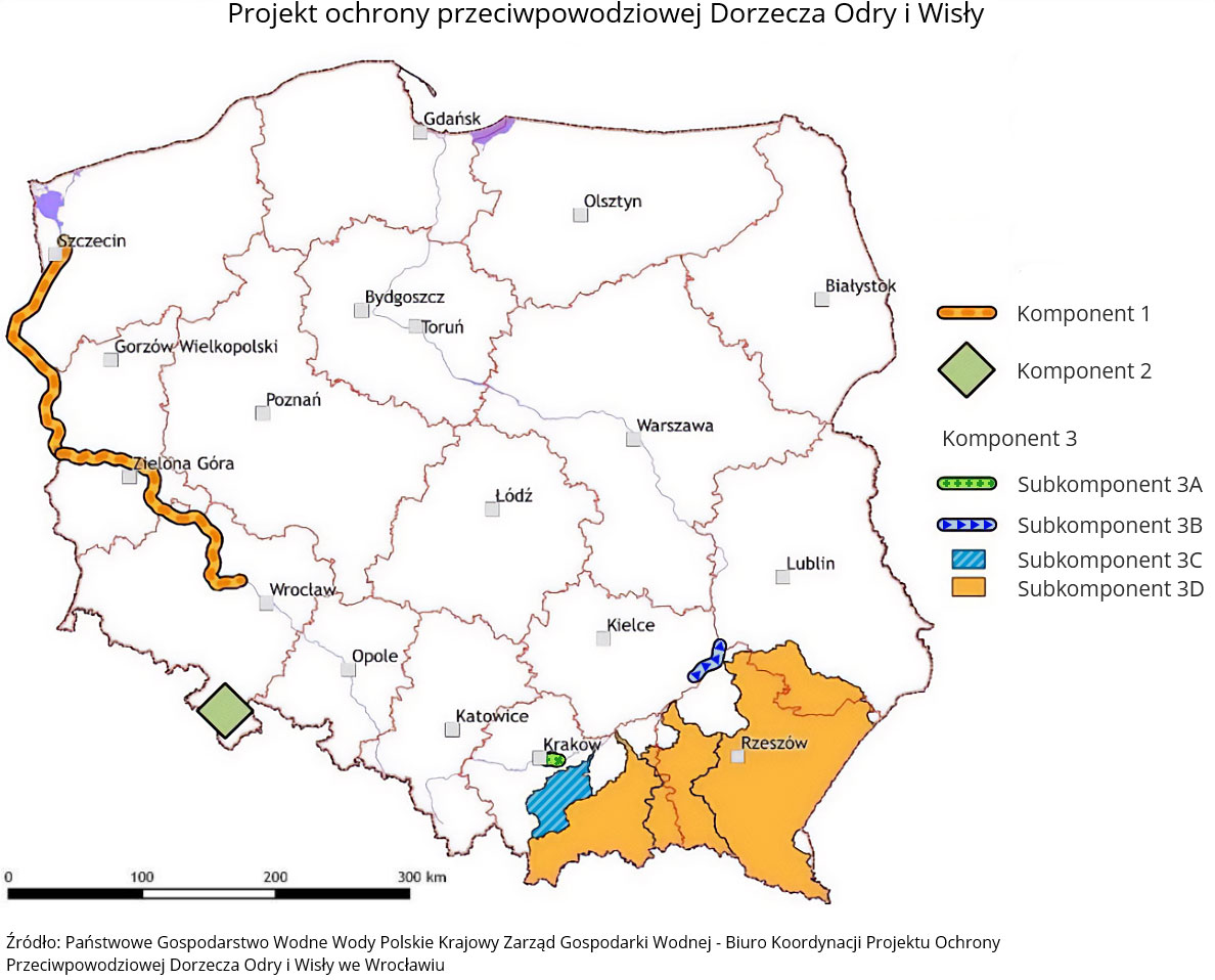 Projekt ochrony przeciwpowodziowej Dorzecza Odry i Wisły - mapa (opis grafiki poniżej)
