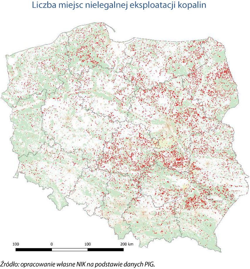 Mapa Polski z oznaczeniem miejsc nielegalnej eksploatacji kopalin (opis grafiki poniżej)