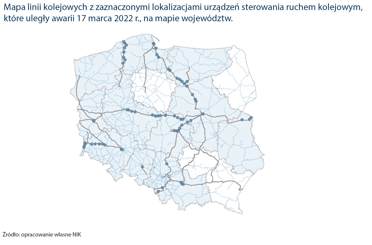 Mapa linii kolejowych z zaznaczonymi lokalizacjami urządzeń sterowania ruchem kolejowym, które uległy awarii 17 marca 2022 r., na&nbsp;mapie województw.