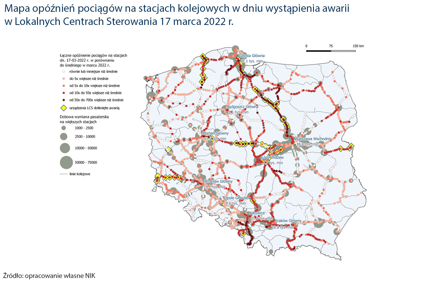 Mapa opóźnień pociągów na&nbsp;stacjach kolejowych w dniu wystąpienia awarii w Lokalnych Centrach Sterowania 17 marca 2022 r.