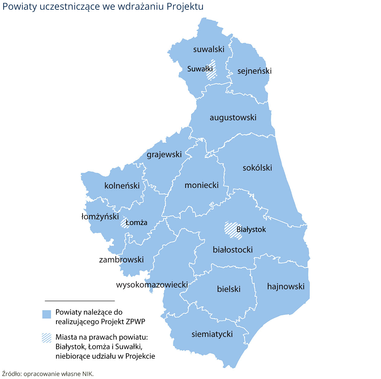 Powiaty uczestniczące we&nbsp;wdrażaniu projektu (opis grafiki poniżej)